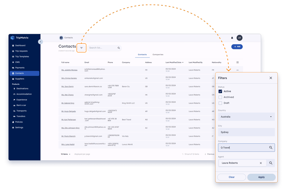 Contacts List TripMatrix