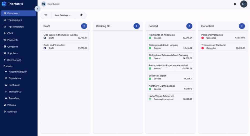 TripMatrix main dashboard